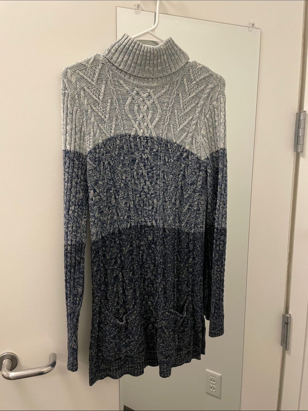 JEANNE PIERRE Grey and Navy Ombre Cable Knit Turtleneck Sweater